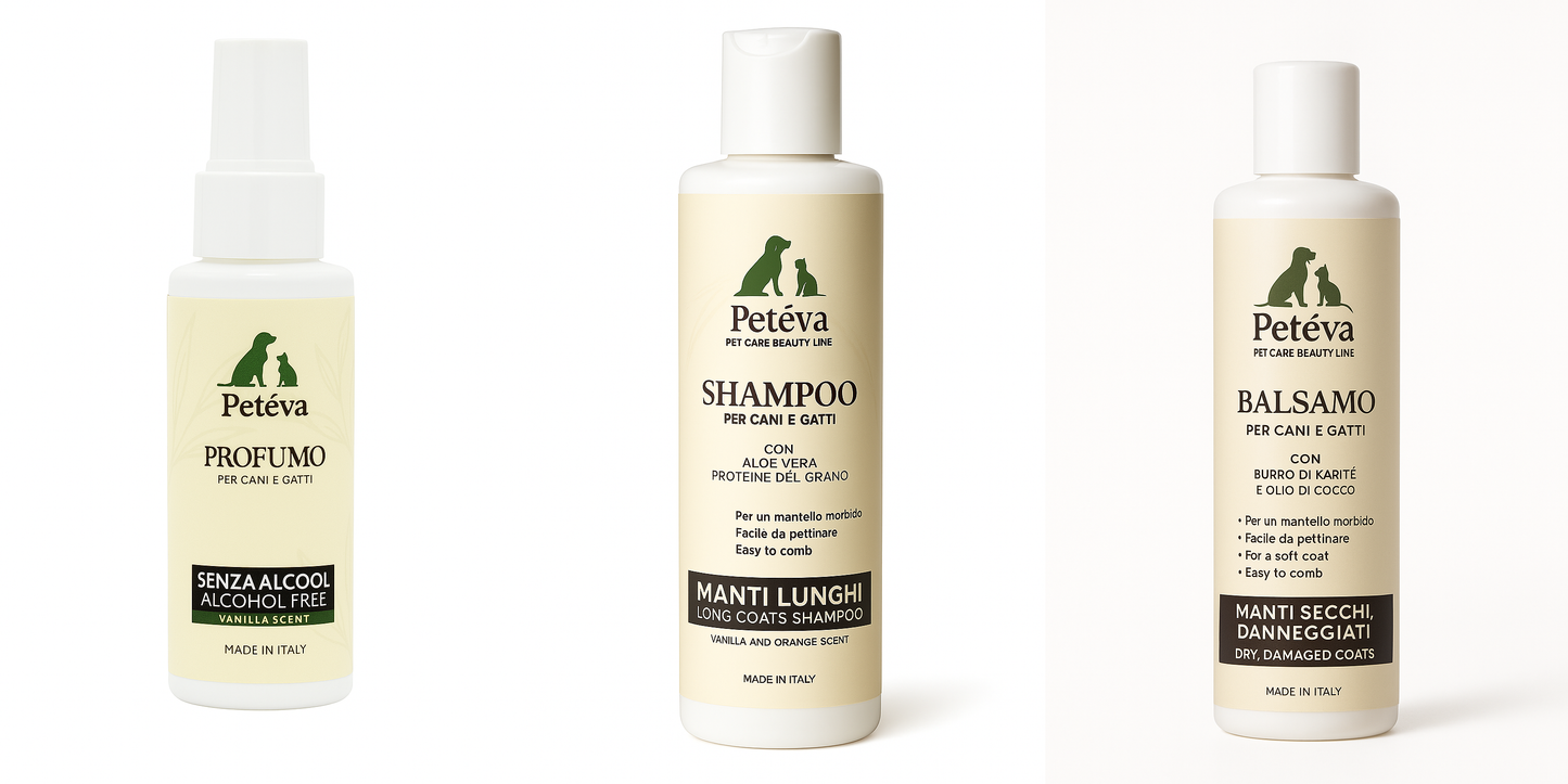 Kit Pelo Lungo per Cani e Gatti - Shampoo, Balsamo e Profumo | Petéva